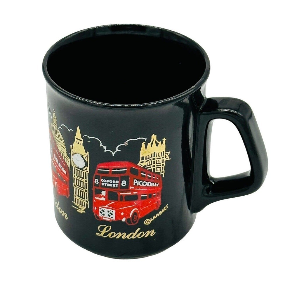 Vintage London England Coffee Mug 10 oz Double Decker Bus Big Ben Ceramic Black